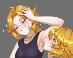 2girls ahoge alternate_costume alternate_outfit armpit armpit_fetish armpits bakushin_o_armpit_gif_(meme) big_breasts bird_girl black_tank_top blonde blonde_eyebrows blonde_female blonde_hair blue_collar blue_shirt blush blushing busty cipher4109 closed_eyes clothed clothed_female dokibird dokibird_(beach_episode) dokibird_(bounty_hunter) gray_background grey_background hand_on_head hand_up indie_virtual_youtuber large_breasts licking_armpit light-skinned_female light_skin necklace selfcest shaved_armpit short_hair simple_background smiling smug sparkles sparkling sweat sweaty tank_top tongue tongue_out virtual_youtuber voluptuous vtuber