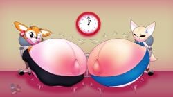 2girls 2pregnancy aggressive_retsuko aggretsuko anthro anthro_female female female_fox fennec_fox fenneko fetal_movement fox furry hyper_pregnancy kicking_(pregnancy) orange_fur pregnancy pregnant pregnant_anthro pregnant_belly pregnant_female skirt tsunoda tsunoda_(aggretsuko) textless_version