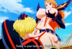 1boy 1girl 1girls abs ai_generated ass_grab ass_squeeze blonde-haired_male blonde_hair bloody_nose braces breast_squeeze crushing cunnilingus domination female from_below head_between_thighs huge_breasts labia licking_pussy male nami_(one_piece) nipples one_piece orange-haired_female orange_hair pussy sanji sanji_(one_piece) self_upload senketsu submissive_female subtitled thick_thighs thighhighs waifuheaven