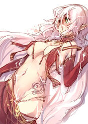 breasts bridal_gauntlets choker cum cum_on_body cum_on_breasts cum_on_hair cum_on_upper_body elf facial female green_eyes long_hair lying navel piercing pink_hair pointy_ears solo tattoo ukyo_rst