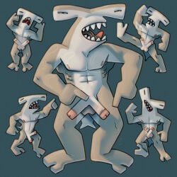 2_penises abs anthro aquatic athletic belly dancing diphallism double_dick erection fish flexing genitals glans grey_body grey_skin ground_shark group hammerhead_shark hi_res male multi_genitalia multi_penis muscular muscular_male nipples pecs penis pink_glans pink_nipples pink_tongue ravuer shark shark_teeth sharp_teeth silly simple_background small_eyes teeth tongue white_belly