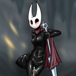 anthro arthropod black_eyes blush bodily_fluids breasts cloak cloak_only clothing digital_media_(artwork) featureless_breasts female female_peeing genital_fluids genitals hi_res holding_melee_weapon holding_object holding_weapon hollow_knight hollow_knight_(franchise) horn hornet_(hollow_knight) insect looking_at_viewer melee_weapon peeing red_clothing ryofox630 simple_background solo standing tail team_cherry urine urine_on_leg urine_stream vulva watersports weapon