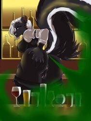 bar bartender black_fur butt butt_focus butthole drinks fart female female_only furry furry_only green_mist pants pants_down skunk skunk_spray skunk_tail smirk smirking solo vagina white_fur yonooshi