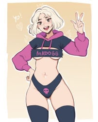 1girl :d black_hoodie black_panties black_thighhighs blonde_hair blush breasts cowboy_shot crop_top crown extreme_crop_top gluteal_fold gradient_background hand_up highres hood hood_down hoodie madogg medium_breasts mole mole_above_mouth navel open_mouth original paggi_outfit panties pink_hoodie shiny_skin short_hair skull_print smile solo sunny_(madogg) teeth thighhighs underwear upper_teeth_only w yellow_background convenient_censoring dead_source oc original_character