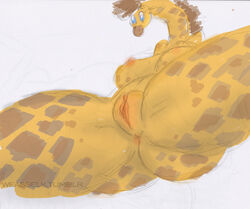 2014 anthro anus ass big_breasts blue_eyes breasts female giraffe long_neck mammal nipples nude pussy sketchy solo spread_legs spreading thick_thighs weasselk