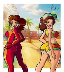 2girls ass big_ass big_butt bodysuit brown_hair clothes_swap clothing fat_ass female female_only mammal mario_(series) mario_kart mario_kart_world mature mature_female nintendo outfit_swap pauline pauline_(aero) pauline_(mario)_(cosplay) princess_daisy princess_daisy_(cosplay) princess_daisy_(swimwear) swapperj333