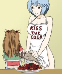 1futa 1girls affront_to_nature apron asuka_langley_sohryu bb breasts cleavage cum drawfag food food_play futanari human intersex kiss_the_cook large_breasts naked_apron neon_genesis_evangelion penis penis_under_apron rei_ayanami ruining_food smegma