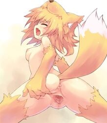 1girls animal_ears anus ass back blonde_hair breasts closed_eyes drool elbow_gloves fangs fox_ears from_behind fur gloves moonlight_flower nipples open_mouth pussy ragnarok_online saliva short_hair solo spread_pussy tail thighhighs uncensored