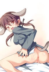 anus ass blush bottomless brown_hair censored clothing gertrud_barkhorn looking_back pussy safi small_breasts spanked strike_witches tail tied_hair twintails yellow_eyes