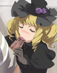 akira02 blonde_hair blush censored cum cum_in_mouth dark_penis dress fellatio flower gloves hat hokenshitsu_no_shinigami huge_cock long_hair mitogawa_chitose oral penis sex suck veins veiny_penis yellow_eyes