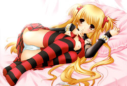 1girls bed blonde_hair blush bracelet breasts cross highres jewelry karen_(triptych) legs long_hair lying nimura_yuuji nipples open_clothes open_shirt panties pantyshot pantyshot_(lying) pillow red_legwear ribbon ring shirt skirt striped striped_legwear striped_thighhighs thighhighs tied_hair triptych twintails underwear very_long_hair yellow_eyes