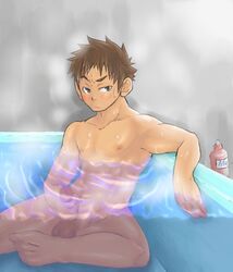 1boy abs balls bath bathing blush brown_eyes brown_hair censored cleaning hair male_only masturbation mentaiko muscle muscles posing solo testicles watching water