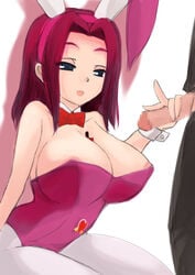 animal_ear big_breasts black_eyes bow_tie bowtie breasts bunny_ear bunnysuit censored cleavage code_geass female handjob human kallen_stadtfeld large_breasts leotard long_hair male nipple_slip nipples otajai pantyhose penis red_hair sex straight wrist_cuffs