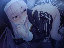 ass black_lilith blush clothes cum cum_inside cum_on_ass cum_on_body cum_on_clothes cum_on_leg cum_on_lower_body cumshot from_behind game_cg long_hair maou_to_seijo nun pink_hair red_eyes rosary saliva sex tears