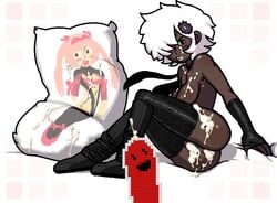 1girls afro breasts cum cum_on_body dakimakura dark-skinned_female dark_skin female gloves no_more_heroes noill pillow pixelated shinobu_jacobs short_white_hair silver_hair suda_51 thighhighs uncensored