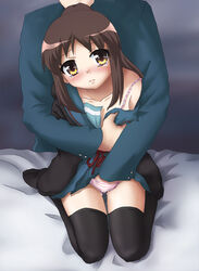 breasts clothed_rape cry fingering footwear forced hand_in_another's_panties hand_in_panties hayashiya_zangourou hayashiya_zankurou kneeling kyonko molestation panties rape rule_63 school_uniform serafuku socks suzumiya_haruhi_no_yuuutsu tears thighhighs underwear wet