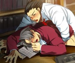 2boys anal blush from_behind gimay gyakuten_saiban male male_only miles_edgeworth multiple_males naruhodou_ryuuichi narumistu outdated_autopsy_report wince wrightworth yaoi