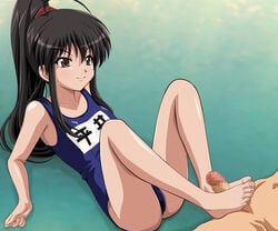 ass barefoot black_hair brown_eyes censored danna feet footjob hairband highres long_hair one-piece_swimsuit penis ponytail school_swimsuit shakugan_no_shana shana smile swimsuit tied_hair