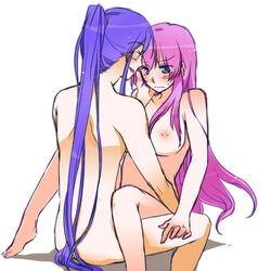 1boy 1girls blue_eyes blush breasts couple feet female frown gakupo_kamui lap long_hair megurine_luka nail_polish nipples nude pink_hair ponytail purple_hair sekihara_umina sex sitting smile straddle straddling straight tied_hair unagi_no_kabayaki vocaloid