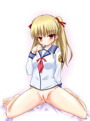 angel_beats! barefoot benibana blonde_hair blush bottomless brown_eyes highres long_hair no_panties pointy_chin pussy school_uniform serafuku sitting spread_legs tied_hair twintails uncensored yusa_(angel_beats!)