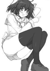 asakura_nemu bell bell_collar blush choker collar da_capo hair_ribbon jingle_bell jinglebell lying monochrome no_pants no_skirt panties pointy_chin ribbon school_uniform serafuku shichimenchou short_hair striped striped_panties thighhighs underwear