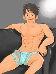 abs boxers brown_hair chair hair licking_lips male male_only mentaiko muscle muscles penis solo tagme