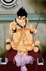 2boys abs barefoot blue_eyes bondage dragon_ball dragon_ball_z erect_while_rimmed gay gay_rimjob gay_sex harness highres male male_only muscle nude pecs purple_hair red_ass rimjob rimming ring saliva_string son_gohan straight_hair tied_hair tongue_out trunks_(dragon_ball) trunks_briefs whip whip_marks yaoi