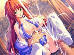 areola areolae ass bare_shoulders belt big_breasts blush breasts bursting_breasts censored character_request cleavage clothed_female cum cum_explosion cum_on_body cum_on_breasts cum_on_clothes cum_on_feet cum_on_legs cum_on_lower_body cum_on_socks cum_on_stomach cum_on_upper_body ejaculation exposed_breasts feet footjob footjob_with_legwear footwear forest green_eyes gunner-l huge_breasts large_breasts long_hair nature nipples no_bra ole oppai_baka panties penis pink_nipples pink_panties puffy_nipples red_hair sex sockjob socks spread_legs underwear white_legwear white_socks woods