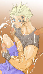 blonde_hair blue_eyes censored cum cum_on_body cum_on_self disembodied_penis final_fantasy final_fantasy_viii fingerless_gloves gloves group_sex hair human male male_only masturbation multiple_males penis shirt_lift tattoo yaoi zell_dincht