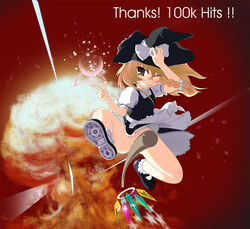 bandaid blonde_hair blush bobby_socks broom censored convenient_censoring crystal explosion grin hand_on_hat hat hits kotatsu_(artist) long_hair magic marisa_kirisame mary_janes milestone_celebration no_panties pussy ribbon ribbons shoes smile socks solo touhou wink