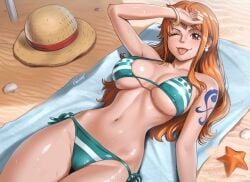 1girls beach big_breasts bikini breasts busty curvy female female_only long_hair looking_at_viewer nami_(one_piece) on_back one_piece orange_hair sexy solo straw_hat tattoo tongue_out water wet_body wink wuoarf