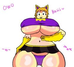 cat_ears crop_top fl00fy_bonez_(blox_cards) looking_at_viewer looking_down no_background panties perspective purple_topwear roblox skirt text therandombee thick_thighs transparent_background underboob underskirt yellow_gloves