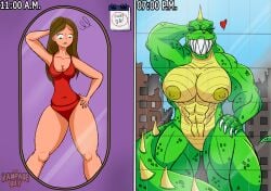 after_transformation anthro before_and_after big_breasts bikini breasts brown_hair building building_destruction city cityscape claws clothed clothing destruction dialogue dinosaur eyelashes female green_body hair hand_behind_head heart_symbol hi_res huge_breasts implied_transformation kaiju lizard lizzie_(rampage) macro mirror muscular muscular_anthro muscular_female nude partially_clothed pose prehistoric_species rampage rampage_(game) rampageguy reflection reptile scalie sharp_teeth skyscraper smile solo spiked_tail spikes spikes_(anatomy) swimwear tail teeth text thick_thighs toe_claws transformation two-piece_swimsuit yellow_body