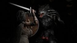2025 3d_(artwork) anthro blender_(artwork) canid canine canis clothed clothed_female clothing danger deity digital_media_(artwork) duo female feral freya_(god_of_war) god_of_war hi_res male male/female mammal melee_weapon mythological_canine mythological_creature mythology shield weapon werecanid werecanine werecreature werewolf wolf yefikef713
