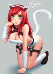 1girls animal_ears bangs big_breasts breasts cat_ears cat_tail eye_scar facial_mark facial_marks fangs female female_only fur green_eyes highres katarina_du_couteau kitty_cat_katarina knife large_breasts league_of_legends long_hair looking_at_viewer miniskirt no_bra open_clothes parted_lips red_hair scar simple_background skirt solo spichis swept_bangs tail tales_from_the_rift_series thighs whisker_markings