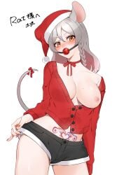 blush blush braid braided_hair breasts breasts_out choker christmas_outfit female female_only grey_hair looking_at_viewer mole mole_on_breast nipples orange_eyes painted_nails rat_ears rat_girl rat_tail ratsukare ribbon_choker santa_hat shorts sweater tail tail_ribbon tutimaru0730 vtuber womb_tattoo