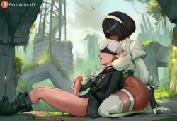 1boy 1girls ai_generated ass blindfold breasts dark-skinned_female dark_skin dominant_female erection fat_ass female femdom handjob head_between_breasts head_in_cleavage headwear holding_penis horny_female kissing kissing_head large_ass lucakp male moaning nature nier:_automata patreon patreon_link patreon_logo patreon_reward patreon_url patreon_username penis ruined_city tagme yorha_2p yorha_9s