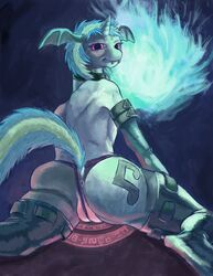 2015 anthro anthrofied anus armwear ass bat_pony bikini blue_background blue_fur boots clothed clothing collar cutie_mark equine female fin footwear friendship_is_magic fur gloves half-dressed horn hybrid legwear looking_back magic magic_circle mammal my_little_pony purple_eyes pussy pussy_floss raised_tail sharp_teeth simple_background spectrumshift swimsuit teeth topless unicorn vinyl_scratch_(mlp) white_fur