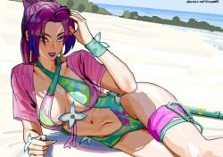 1girls animification asian asian_female breasts butterfly_ornament cleavage curvy curvy_female curvy_figure female green_one-piece_swimsuit hair_ribbon ironicnotsavage japanese japanese_female large_breasts light-skinned_female light_skin long_hair looking_at_viewer marvel marvel_rivals mutant_(marvel) official_alternate_costume one-piece_swimsuit outdoors ponytail psylocke psylocke_(breezy_butterfly) psylocke_(marvel_rivals) purple_hair ribbon sai_(marvel) solo swimsuit thighs water