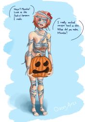 0zonarts 1girls 5_toes artist_name bare_shoulders blue_eyes blush bow breasts collarbone doki_doki_literature_club english_text feet female hair_bow hairbow halloween holidays jack-o'-lantern mouth_open mummy_wrappings open_mouth pumpkin red_bow red_hair_bow red_hairbow sayori_(doki_doki_literature_club) strawberry_blonde_hair text