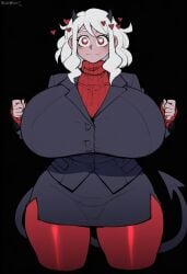 1girls ai_generated big_breasts clothing demon demon_girl goghkunn helltaker huge_breasts looking_at_viewer modeus_(helltaker) red_eyes tagme white_hair