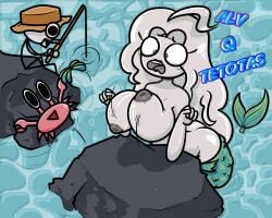 2girls ass ass_grab big_ass big_breasts bounce bouncing_breasts breasts breasts_out closed_eyes crab drawpicture female fish lipstick merfolk mermaid nipples rock sea surprised surprised_expression topless white_body white_hair xiaro xiarorule youtube youtuber
