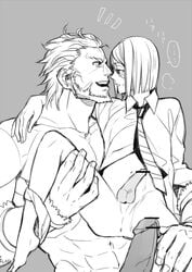 2boys anus ass blush boner bottomless censored erection fate/zero fate_(series) iskandar_(fate) male_only monochrome multiple_boys naughty_face penis rider_(fate/zero) simple_background size_difference tagme waver_velvet yaoi