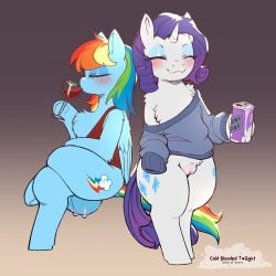alcohol beverage blue_body blue_fur blush breasts closed_eyes clothing cold-blooded-twilight crossed_legs crotch_breasts drinking_alcohol duo equid equine eyelashes feathered_wings feathers female friendship_is_magic fur genitals hair hasbro hi_res holding_beverage holding_object horn mammal mouth_closed my_little_pony mythological_creature mythological_equine mythology purple_hair pussy rainbow_dash_(mlp) rarity_(mlp) semi-anthro smile sweater teats topwear unicorn vulva white_body white_fur wine wings