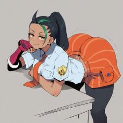 ai_generated ass bent_over big_ass black_hair blush breasts female goghkunn hair_pulled_back huge_ass long_hair looking_at_viewer necktie nemona_(pokemon) orange_eyes pants pocket pokemon pokemon_sv ponytail smile solo uniform