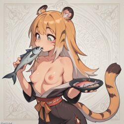 (titancore) ai_generated animal_humanoid breasts breasts_out eating female fish food food_in_mouth girl green_eyes ju_fufu long_hair monster_girl naked nipples open_clothes tiger_ears tiger_girl tiger_stripes tiger_tail video_game_character zenless_zone_zero