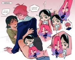 1futa 1girls alien_stage black_hair black_sweater censored cum female futa/female futa_with_female futanari green_shirt intersex mizi_(alien_stage) pink_hair purple_eyes pussy sex shirt short_hair sua_(alien_stage) the_quipper vaginal_penetration white_shirt
