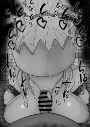 1boy 1girls :>= big_breasts big_penis black_and_white blush breasts censored detailed_background drooling enen_no_shouboutai eyelashes fellatio female haumea_(enen_no_shouboutai) headgear heart human indoor inside kneeling kurotama looking_at_viewer male male_pov oral oral_sex penis pov room saliva shiny shiny_skin short_hair sketch sound_effects squatting sweat text tied_hair tongue_out vein veins veiny veiny_penis