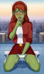 ai_generated alien_girl ass belt bigmic145 breasts cumming dc dc_comics female fingering green_skin hairband jacket masturbation miss_martian panties red_hair remote_control_vibrator sex_toy sexually_suggestive skirt squirting t-shirt upskirt vibrator wet wet_panties wet_pussy young_justice