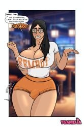 ass_expansion black_hair breast_expansion breasts bulge erect_nipples femboy_hooters futa_transformation futanari gender_transformation glasses hooters hourglass_expansion hourglass_figure huge_ass huge_breasts intersex large_breasts long_hair mia_khalifa nipple_bulge penis penis_outline tgamelia transformation waitress wide_hips